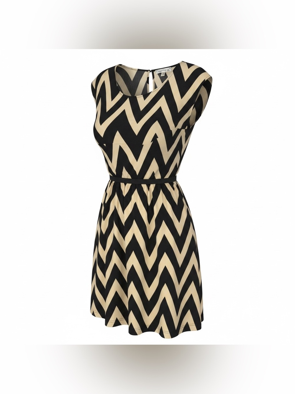 Woven Chevron Belted Women’s Dress - Black & Cream